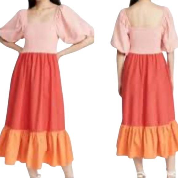 RHODE Dresses & Skirts - RHODE Eloise Strawberry Ruched Balloon Sleeve
Color block Tiered Dress Size S